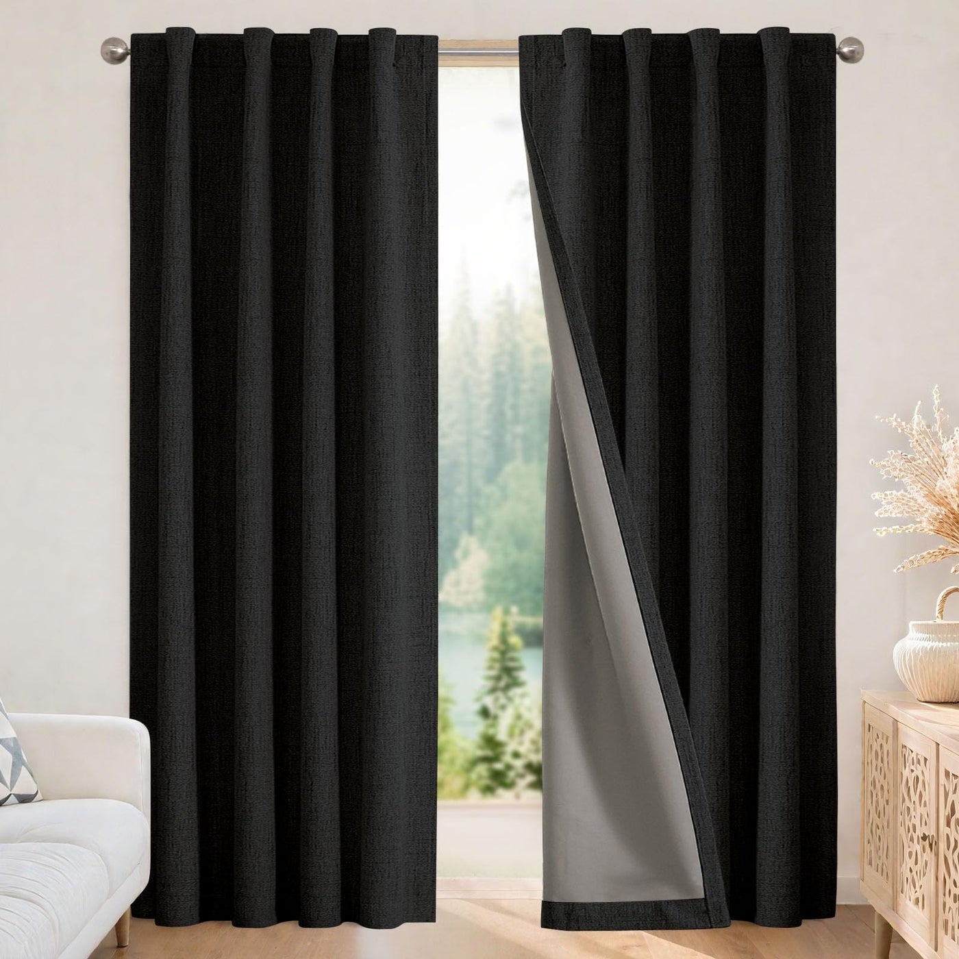 Joydeco Blackout Curtains for Bedroom - 100% Light Blocking 2 Panels Set Black Drapes 42"" W x 72"" L, Thermal Insulated Room Darkening Curtains, Linen Textured for Living Room, Rod Pocket & Back Tabs